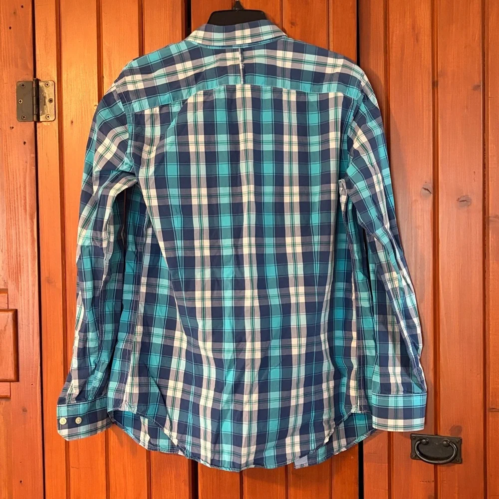 Banana Republic Teal and Navy Plaid Button-Down Shirt Sz M. RS